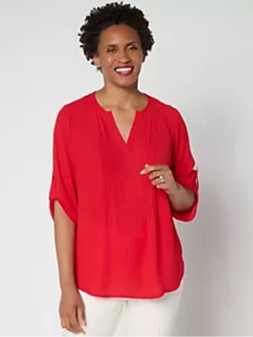 Joan Rivers Women's Georgette Red Split V-Neck Pintuck Blouse( size;Large; NWOT